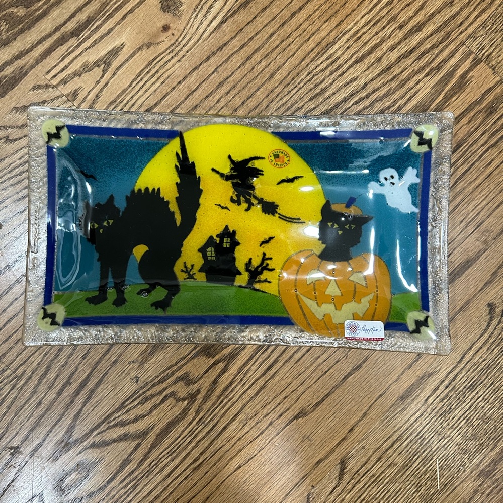 New Rare Vintage Beautiful Black Cat Halloween Design Glass Plate
